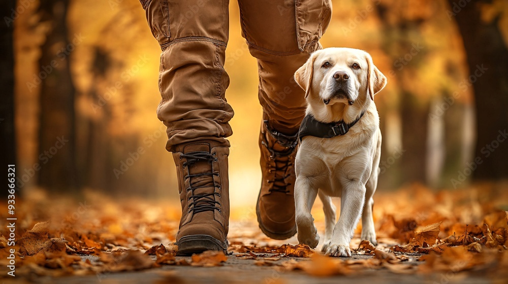 Poster a visually impaired person and their guide dog walking confidently through a park trail showing the 