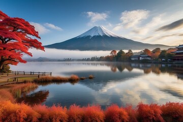 Majestic Mount Fuji Reflecting in a Foggy Lake with Autumn Foliage