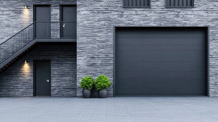 Fototapeta premium A front view showcases a modern house featuring a grey stone wall, wooden stairs, and colorful flower pots adorning the entrance