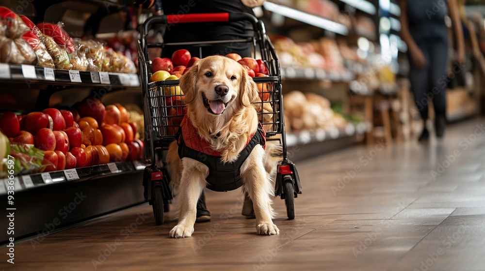 Aufkleber a service dog assisting a person with limited mobility in a grocery store by pulling a shopping cart