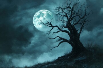 Naklejka premium Halloween night ; A dark tree against a full moon with clouds in with generative ai