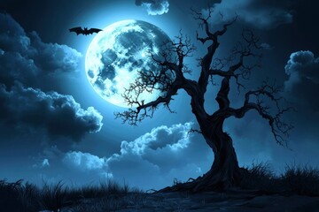 Fototapeta premium Halloween night ; A dark tree against a full moon with clouds in with generative ai