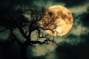 Naklejka premium Halloween night ; A dark tree against a full moon with clouds in with generative ai