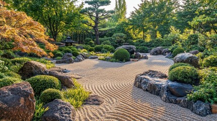 Obraz premium Tranquil Japanese Zen Garden with Meticulously Raked Sand for Relaxation and Meditation