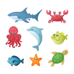 Set of sea animals vector illustration. Underwater animals. Dolphin, shark, octopus, turtle, starfish, crab, hedgehog fish, blue fish.