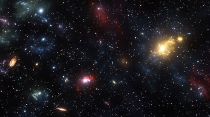 Fototapeta premium A distant starfield with scattered cosmic particles and faint glowing remnants from an ancient cosmic collision.