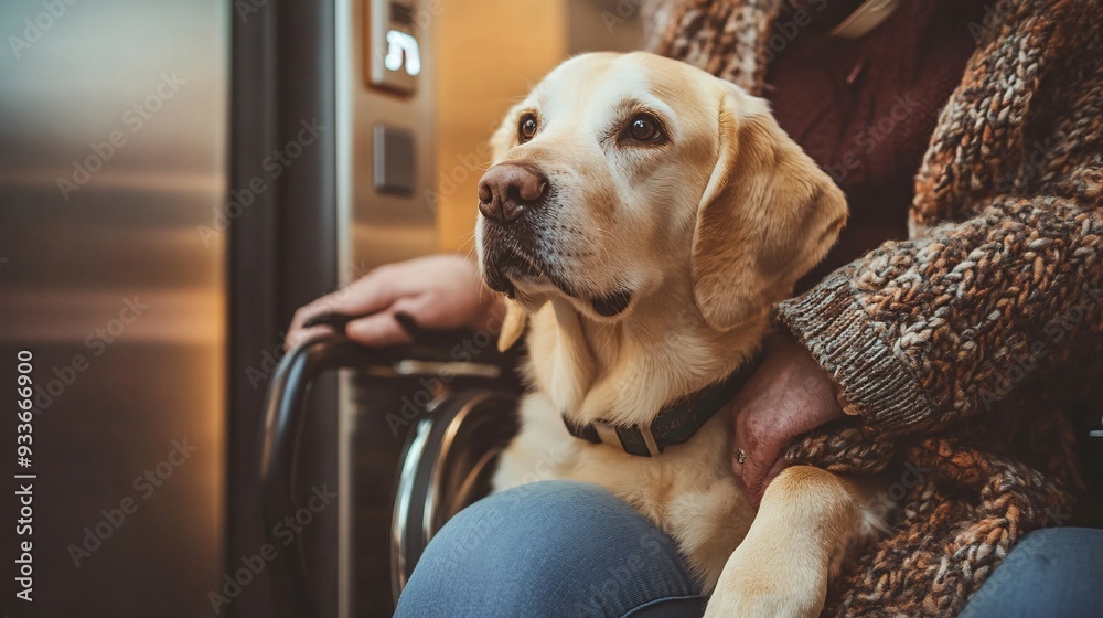 Poster a service dog pressing an elevator button for a person in a wheelchair showcasing the dogs ability t