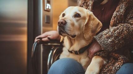 A service dog pressing an elevator button for a person in a wheelchair showcasing the dogs ability to perform essential tasks that improve daily life Stock Photo with copy space