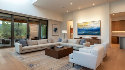Contemporary luxury living room with sleek lines, high-end materials, and a sophisticated look