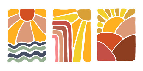 Abstract sun illustrations in warm tones doodle boho style