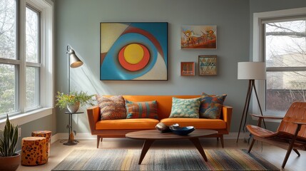 Eclectic living room with a mix of vintage and modern pieces, vibrant colors, and unique decor