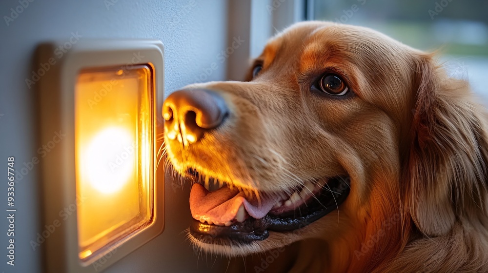 Poster A service dog assisting a person with a disability by turning on a light switch at home demonstrating the dogs practical help with daily tasks Stock Photo with copy space