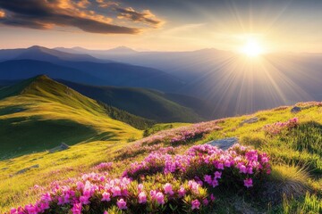 Sunrise illuminating a mountain landscape with blooming pink flowers and rolling green hills.