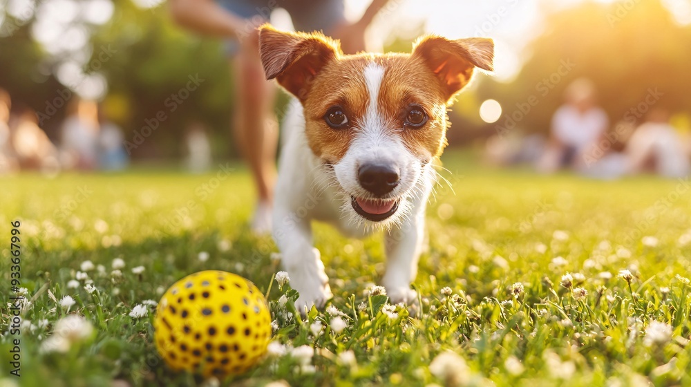 Poster A person with a disability playing fetch with their dog in an open field showing the joy and physical activity that the pet encourages Stock Photo with copy space