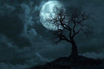 Halloween night ; A dark tree against a full moon with clouds in with generative ai