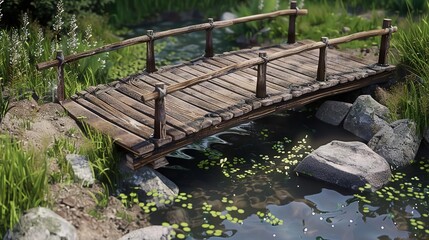Fototapeta premium Wooden Bridge Over a Stream in a Lush Forest 3D Illustration