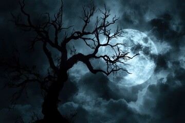 Halloween night ; A dark tree against a full moon with clouds in with generative ai