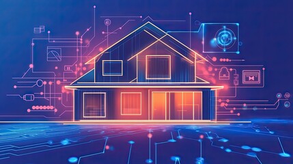 Naklejka premium Computerized smart house composed of shining lines and dots symbolizing tech and security fusion