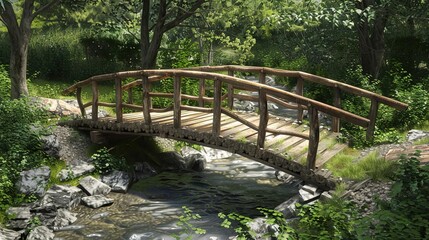 Wooden Bridge Over Stream in Lush Forest 3D Illustration