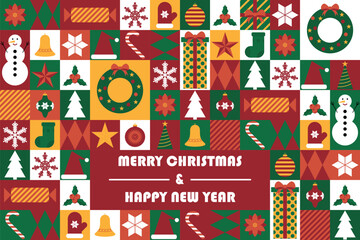 Modern abstract geometric design Merry Christmas and Happy New Year. Template for banner, poster, greeting card. Vector illustration