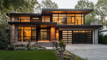 A contemporary 2-storey home with an open floor plan, sleek lines, and a combination of wood and glass elements for a stylish