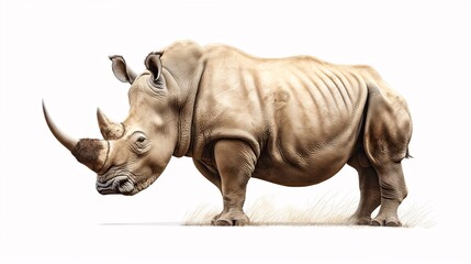 Obraz premium Majestic White Rhino: A portrait of power and resilience, this artwork captures the grandeur of an endangered white rhinoceros against a clean white backdrop. 