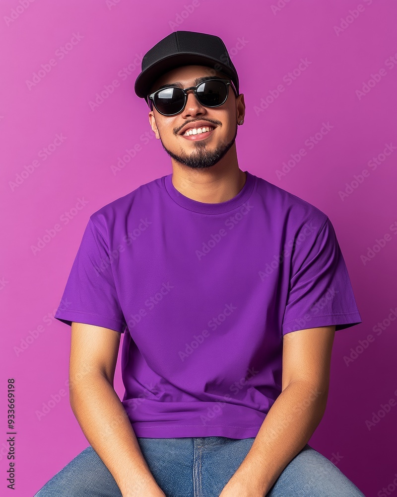 Poster A young attractive man sitting with wearing a blank mockup t-shirt, sunglasses, and a black cap,