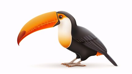 Naklejka premium Toucan's Tropical Charm: A vibrant toucan with a striking orange beak stands against a pristine white background, showcasing its exotic beauty and captivating charm. 