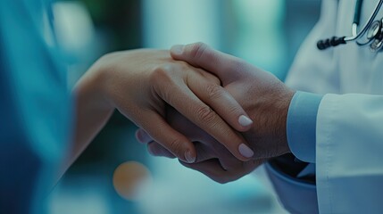 Intimate close-up of clasped hands between a doctor and a patient, highlighting a comforting and compassionate moment during a medical consultation.