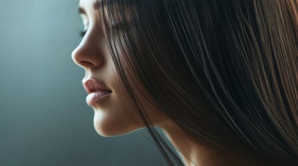 Fototapeta premium High-resolution image of a woman with sleek, straight hair falling gracefully over her shoulders, captured in soft, natural light to emphasize its smoothness.