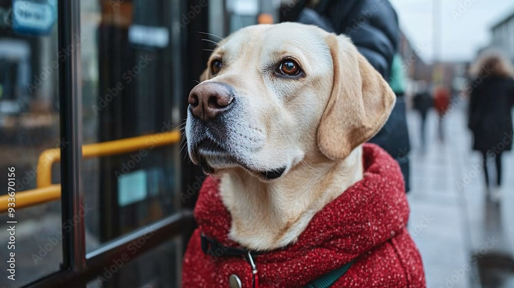 Poster a visually impaired person and their guide dog waiting at a bus stop emphasizing the dogs role in en