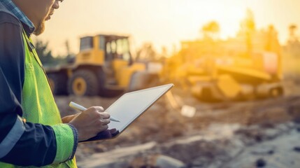 Construction workers writing on a tablet with a pen at a construction site, documenting information, using technology for project management