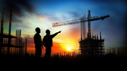 Silhouette of two engineers pointing at a construction site against a sunset sky, overseeing project progress