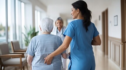 Geriatric care nurse a nursing home helping an elderly patient with daily activities
