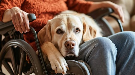 A therapy dog comforting a person with a disability during a therapy session illustrating the emotional support the animal offers in a professional setting Stock Photo with copy space
