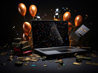 Black friday sale banner template with 3d gold laptop and gift box.