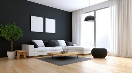 Minimalist monochrome living room with black and white decor, sharp lines, and a sleek atmosphere