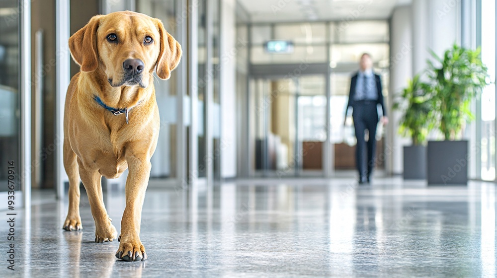 Poster a visually impaired person and their guide dog entering a busy office building showcasing the indepe