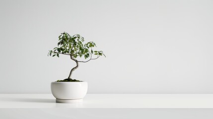 Small bonsai tree growing in a white pot on a white table