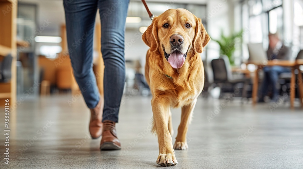 Poster a visually impaired person and their guide dog entering a busy office building showcasing the indepe