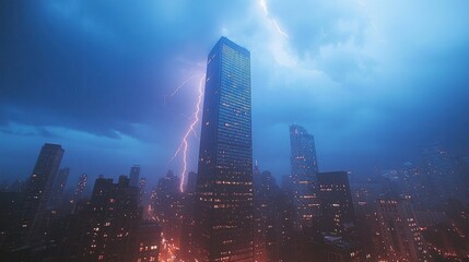 Obraz premium Electrifying Scene: Powerful Lightning Strike Illuminating Urban Skyscraper