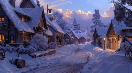 Fototapeta premium A cozy snow-covered village street, with warmly lit houses and snow-covered rooftops, capturing the charm and tranquility of a winter evening.