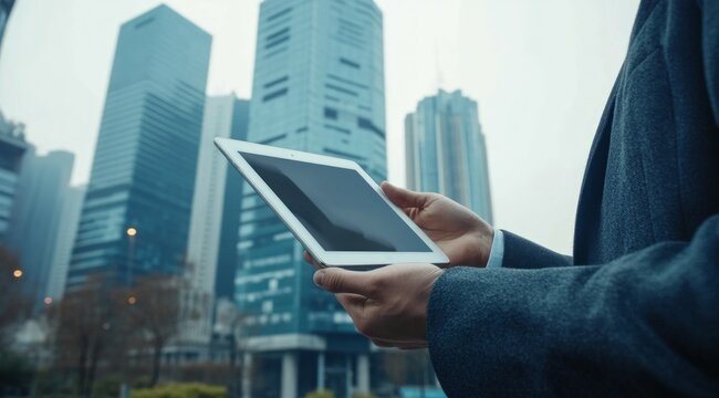 Businessman with digital tablet outdoor by window in high rise building skyscraper  - Powered by Adobe