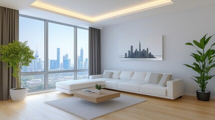 Modern minimalist living room with a large window showcasing a city skyline, neutral tones, and a sleek white sofa