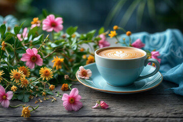 Coffee and flowers. Romantic breakfast. Cup of fresh hot coffee on wooden table with flowers