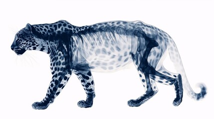 Fototapeta premium Spectral Leopard's Prowl: An ethereal illustration of a leopard, its skeletal structure subtly revealed, capturing the majestic feline's grace and power.
