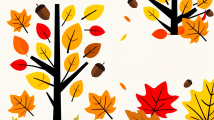 Autumn-themed illustration with colorful trees, leaves, and acorns

