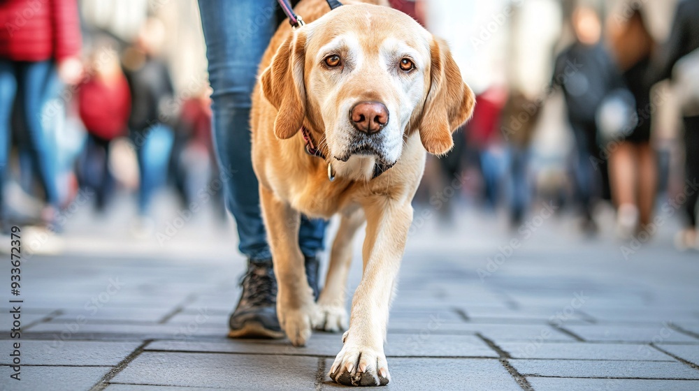 Poster a visually impaired person and their guide dog walking confidently on a sidewalk in a bustling city 
