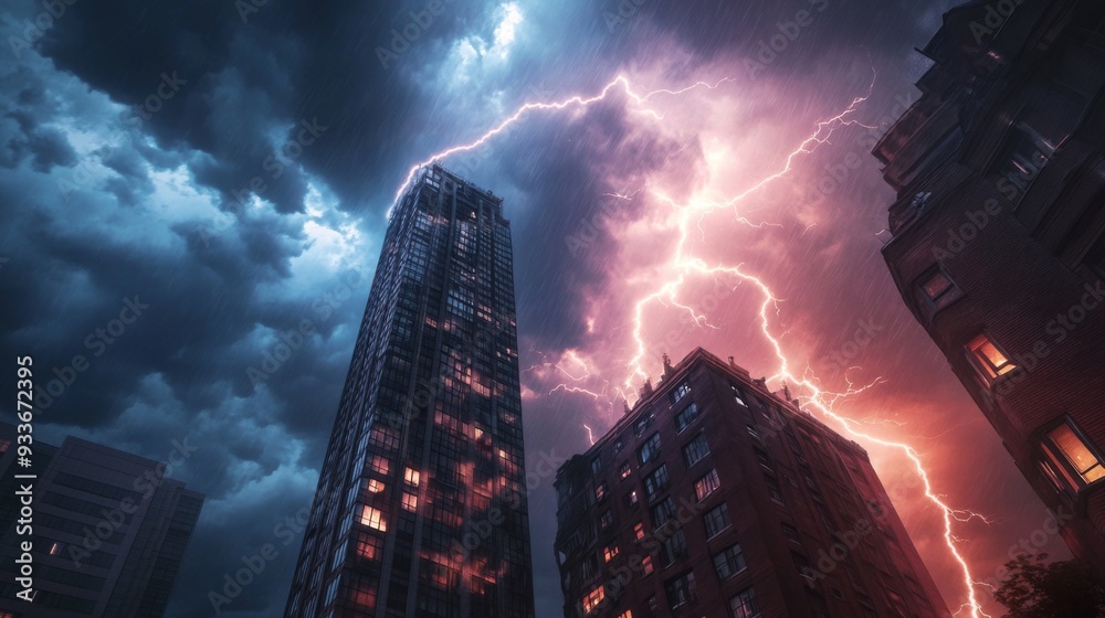 Poster High-resolution view of lightning striking a tall building during a summer thunderstorm, with dramatic illumination and stormy clouds overhead.
