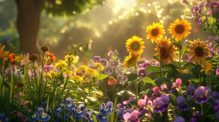 A delightful flower garden with an array of cheerful sunflowers, colorful petunias, and elegant iris, all growing under the warm sunlight